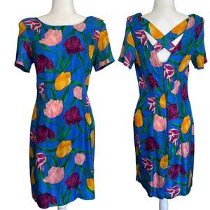 Vintage 100% Silk Tulip Floral Print Dress